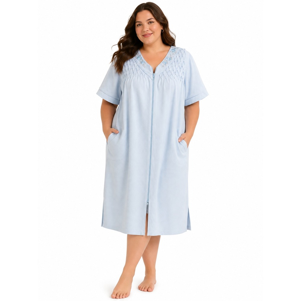 Miss Elaine Short Sleeve Traditional Housecoat Night Gown Blue Zipper 2x